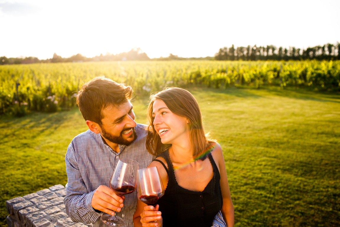 Romantic couple drinking wine